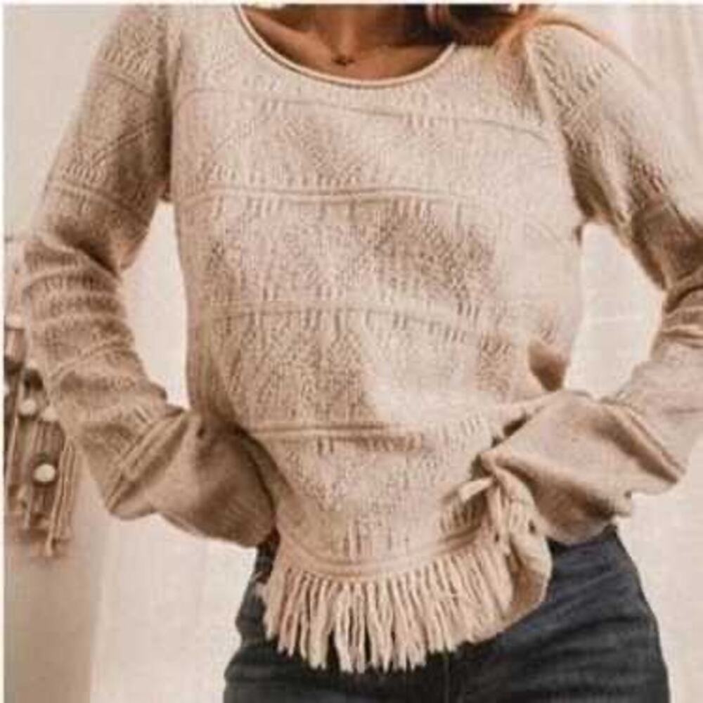 Anthropologie Moth Cream Fringe Sweater Small Rolled Neck Lightweight Fall